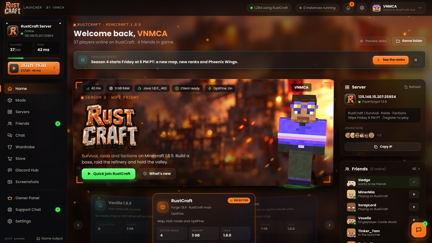 The RustCraft Launcher home screen: server status, the RustCraft logo over the key art, Quick join and your player skin